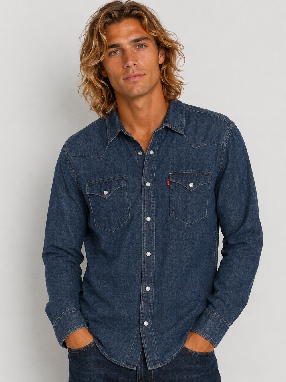 Levi’s Barstow Western Denim Pearl Snap Shirt Dark Wash Long Sleeve Men’s L